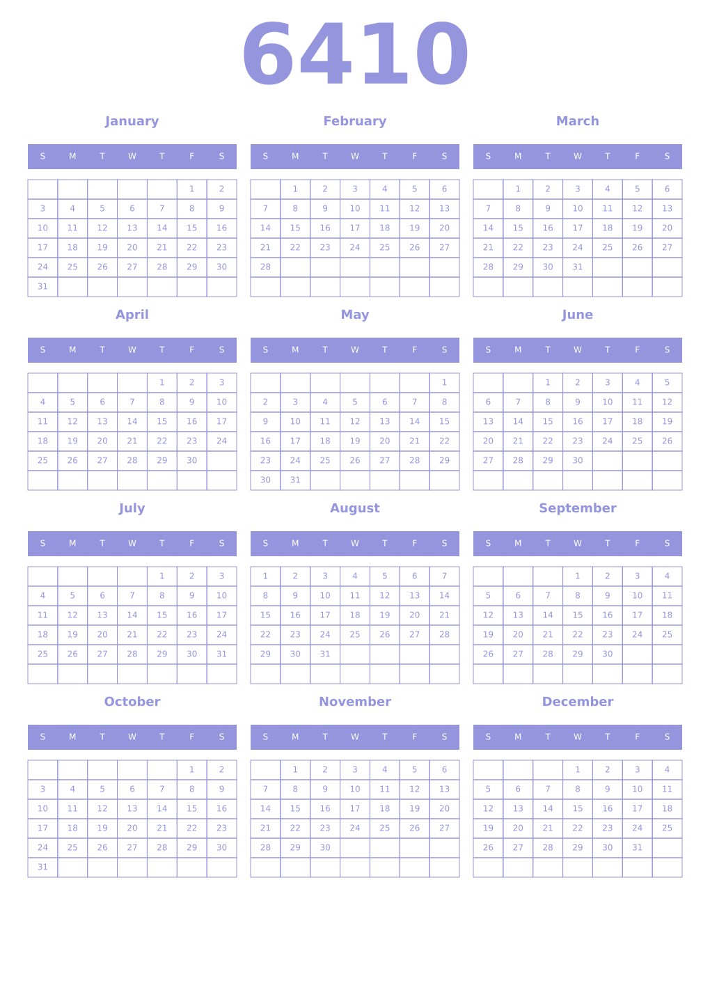 Printable 6410 Year Calendars periwinkle
