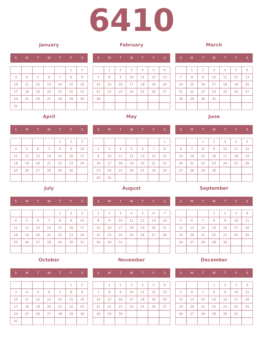 Printable 6410 Year Calendars puce