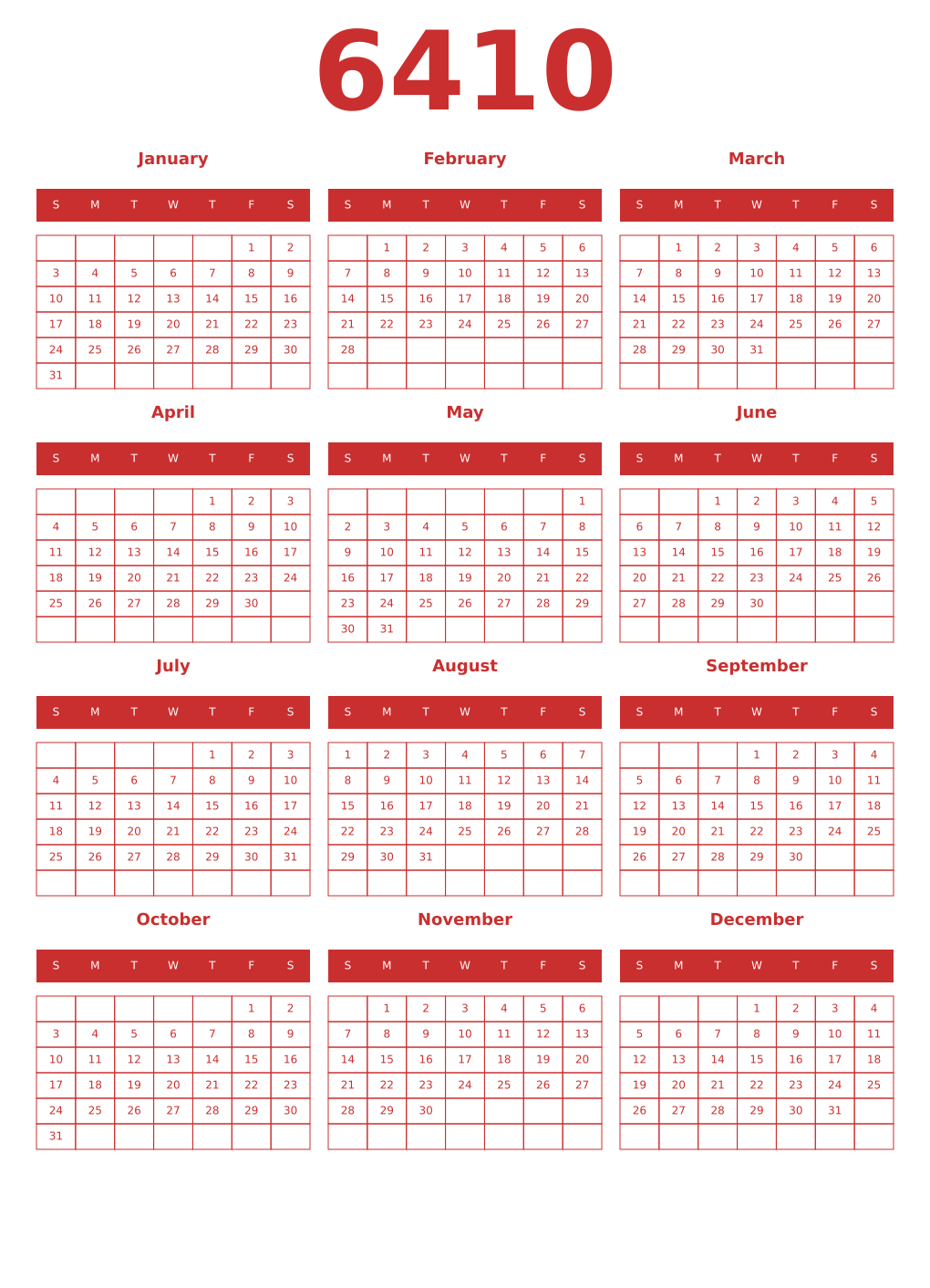 Printable 6410 Year Calendars red