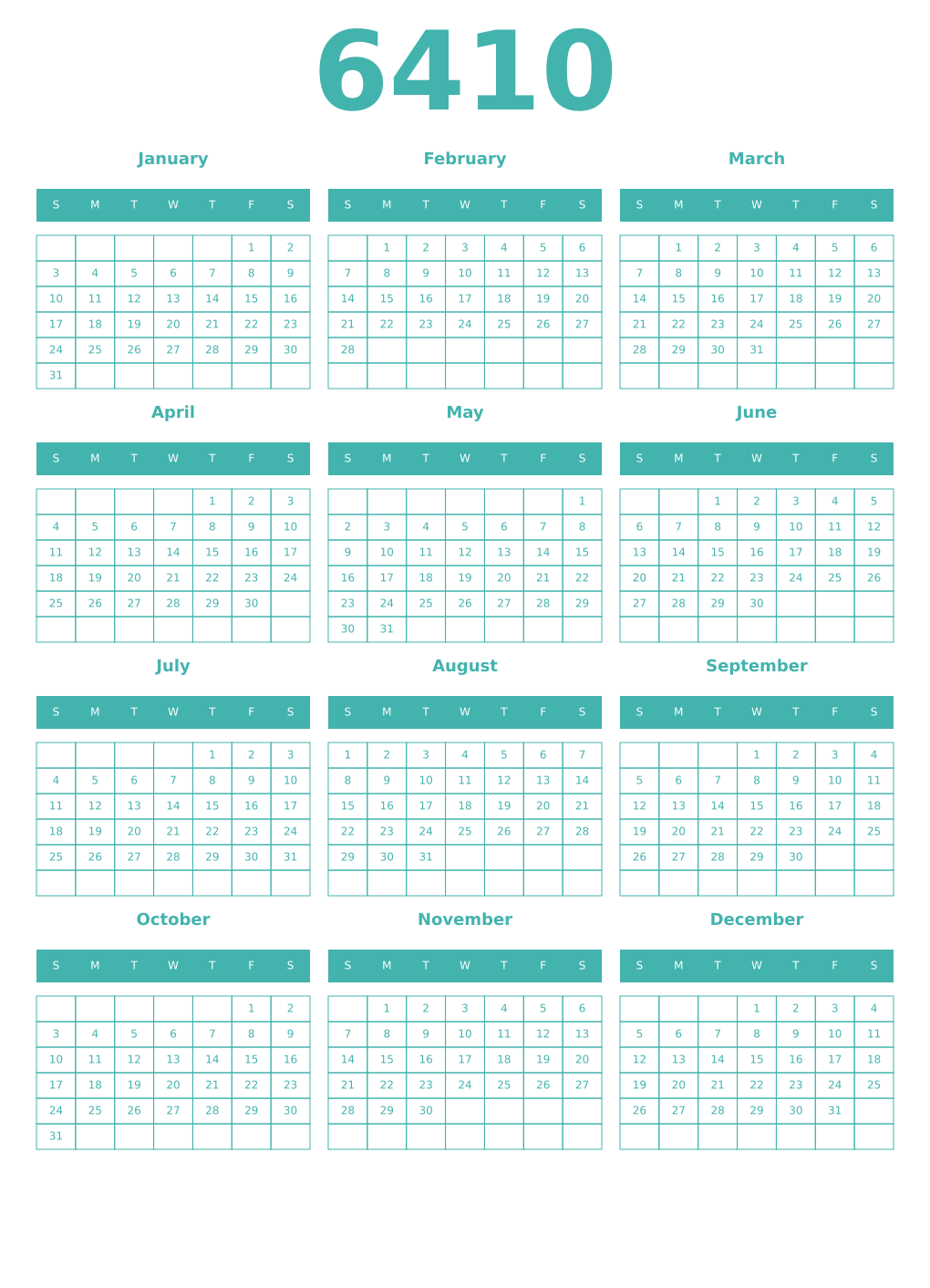 Printable 6410 Year Calendars verdigris