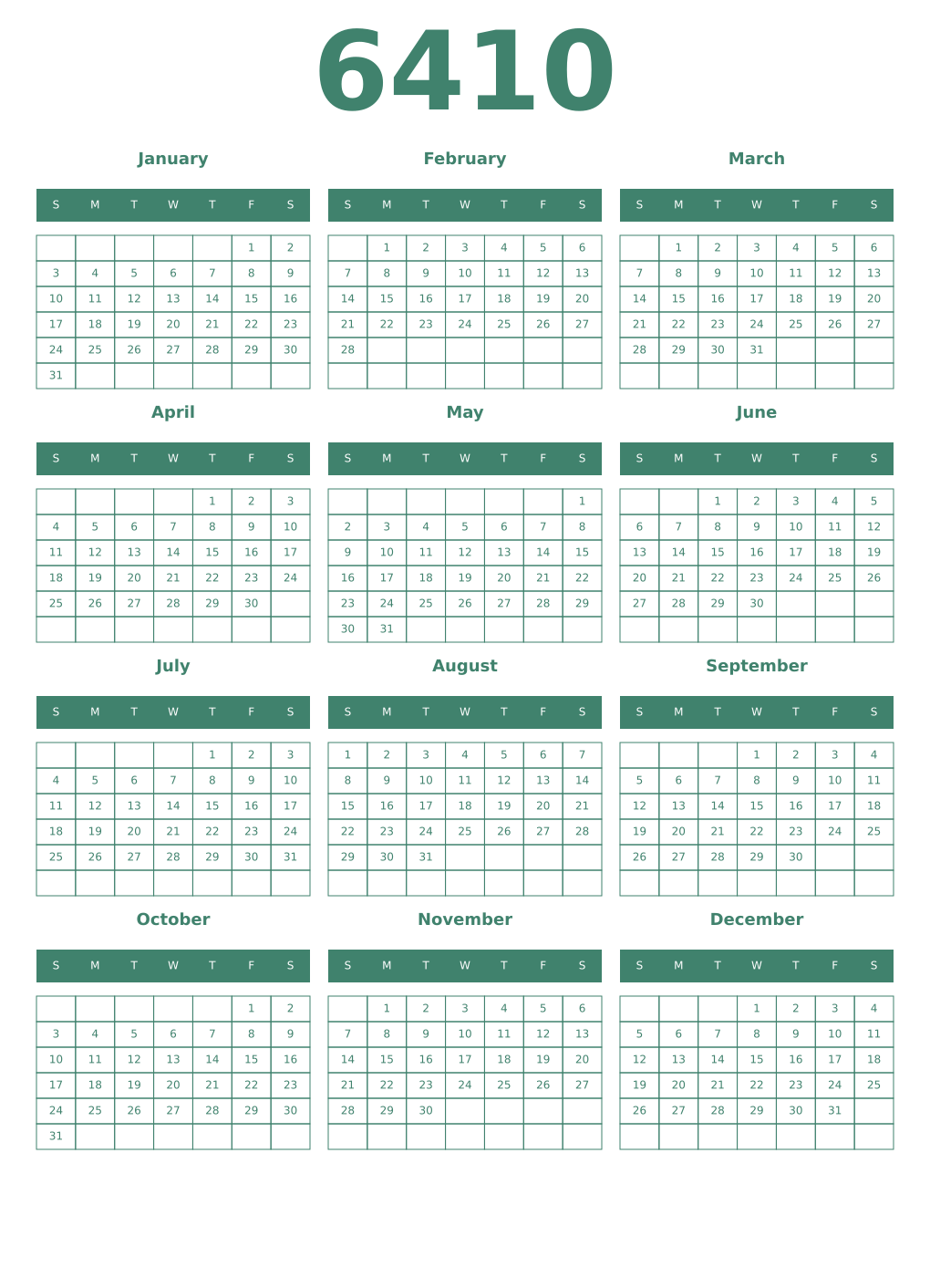Printable 6410 Year Calendars viridian