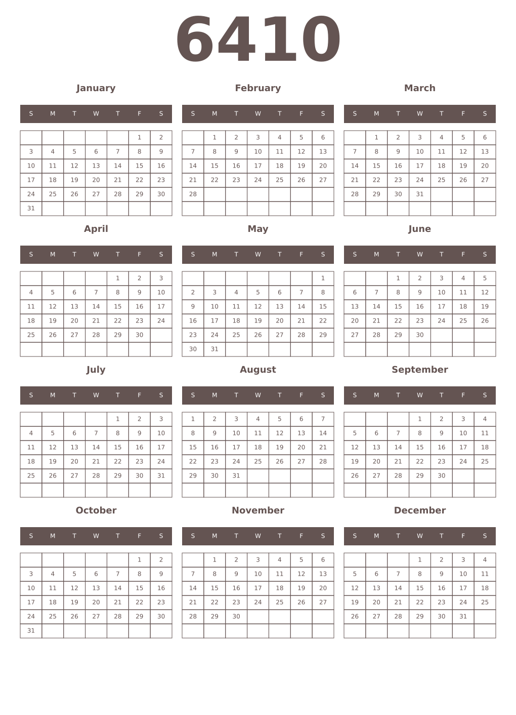 Printable 6410 Year Calendars wenge