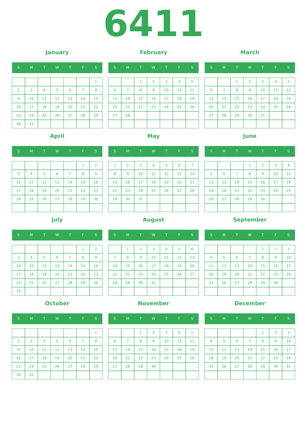 Printable 6411 Year Calendars green