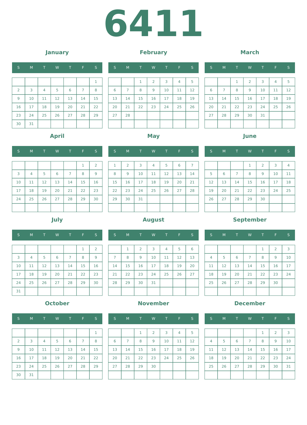 Printable 6411 Year Calendars viridian