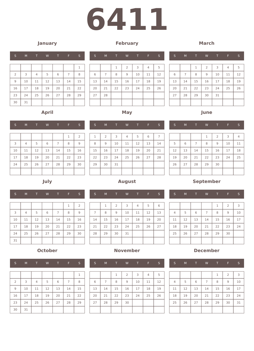 Printable 6411 Year Calendars wenge