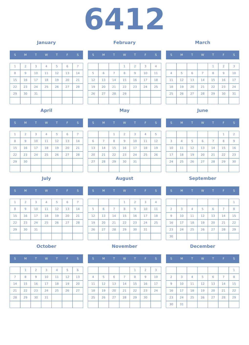 Printable 6412 Year Calendars glaucous