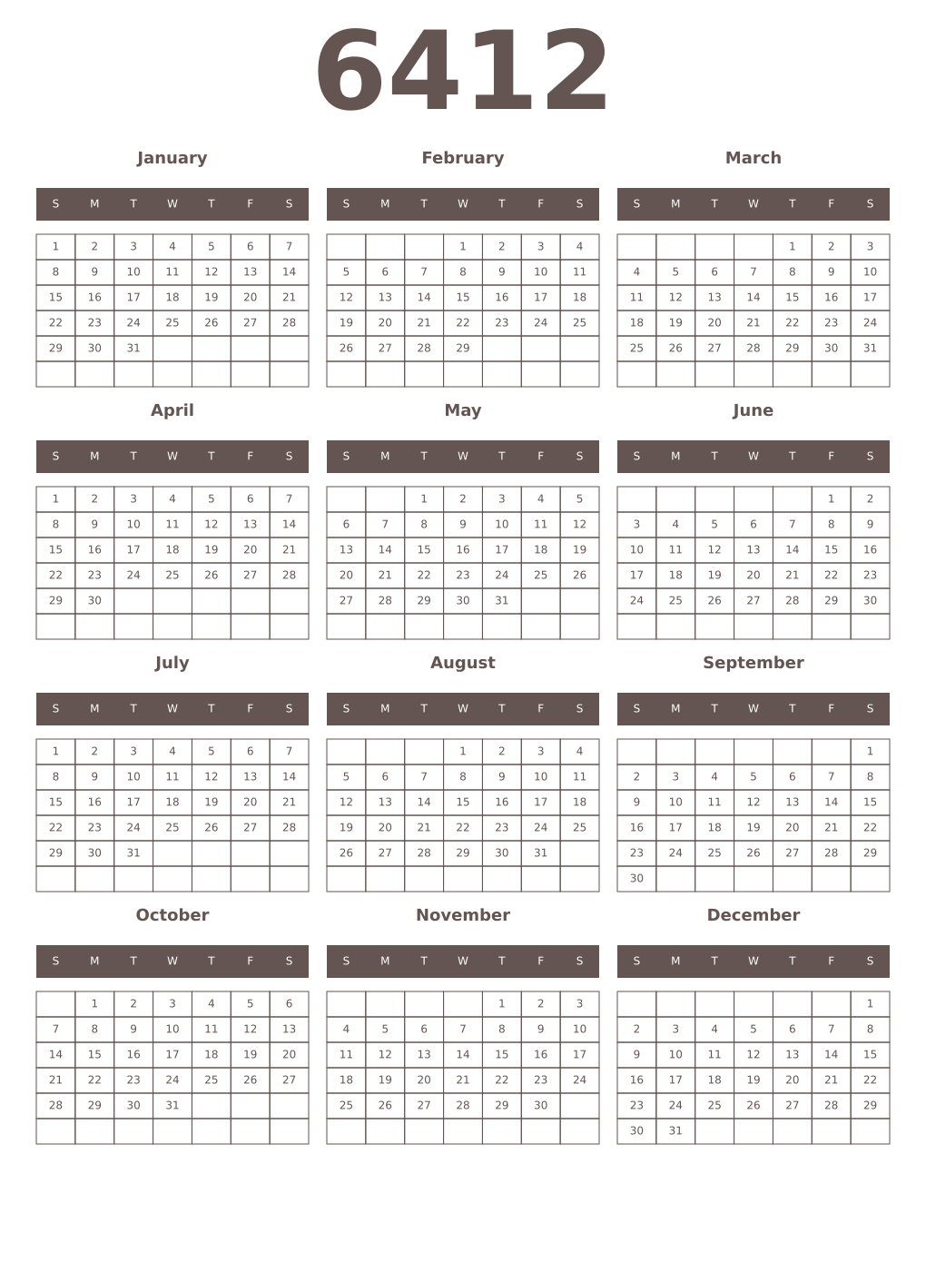 Printable 6412 Year Calendars wenge