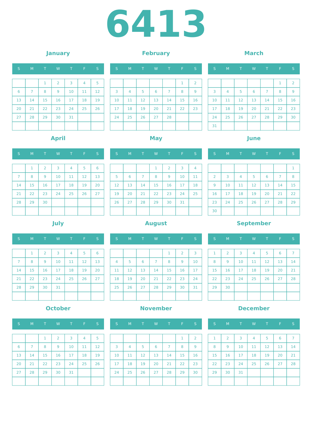Printable 6413 Year Calendars verdigris