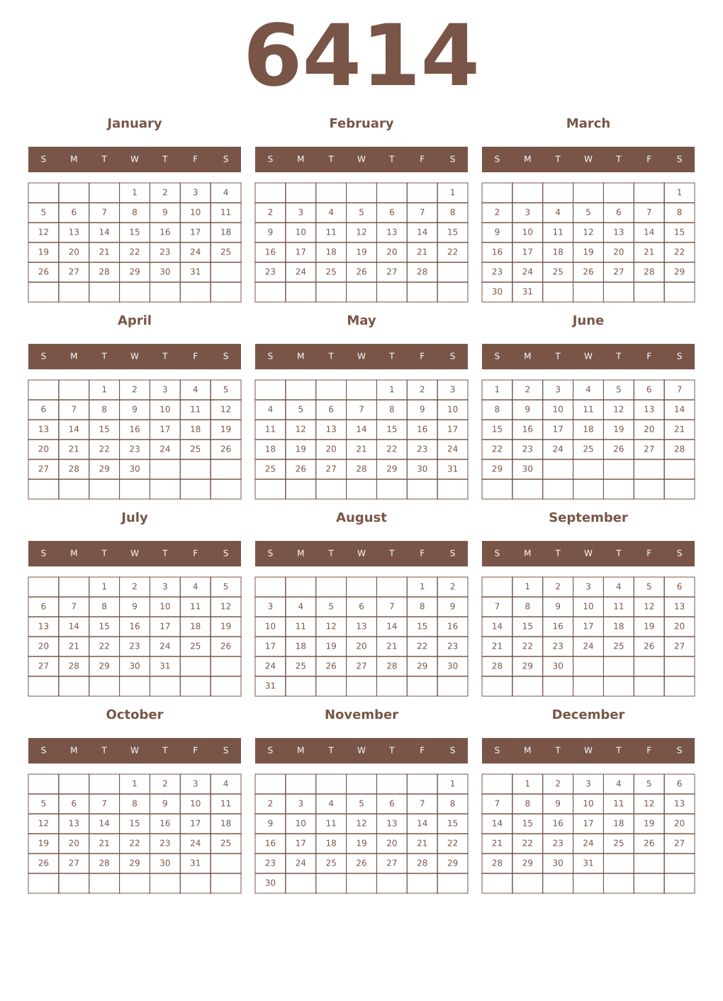 Printable 6414 Year Calendars coffe
