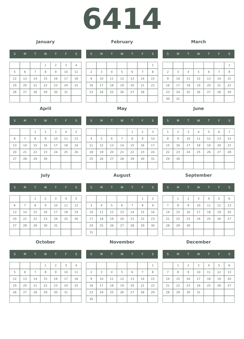 Printable 6414 Year Calendars feldgrau