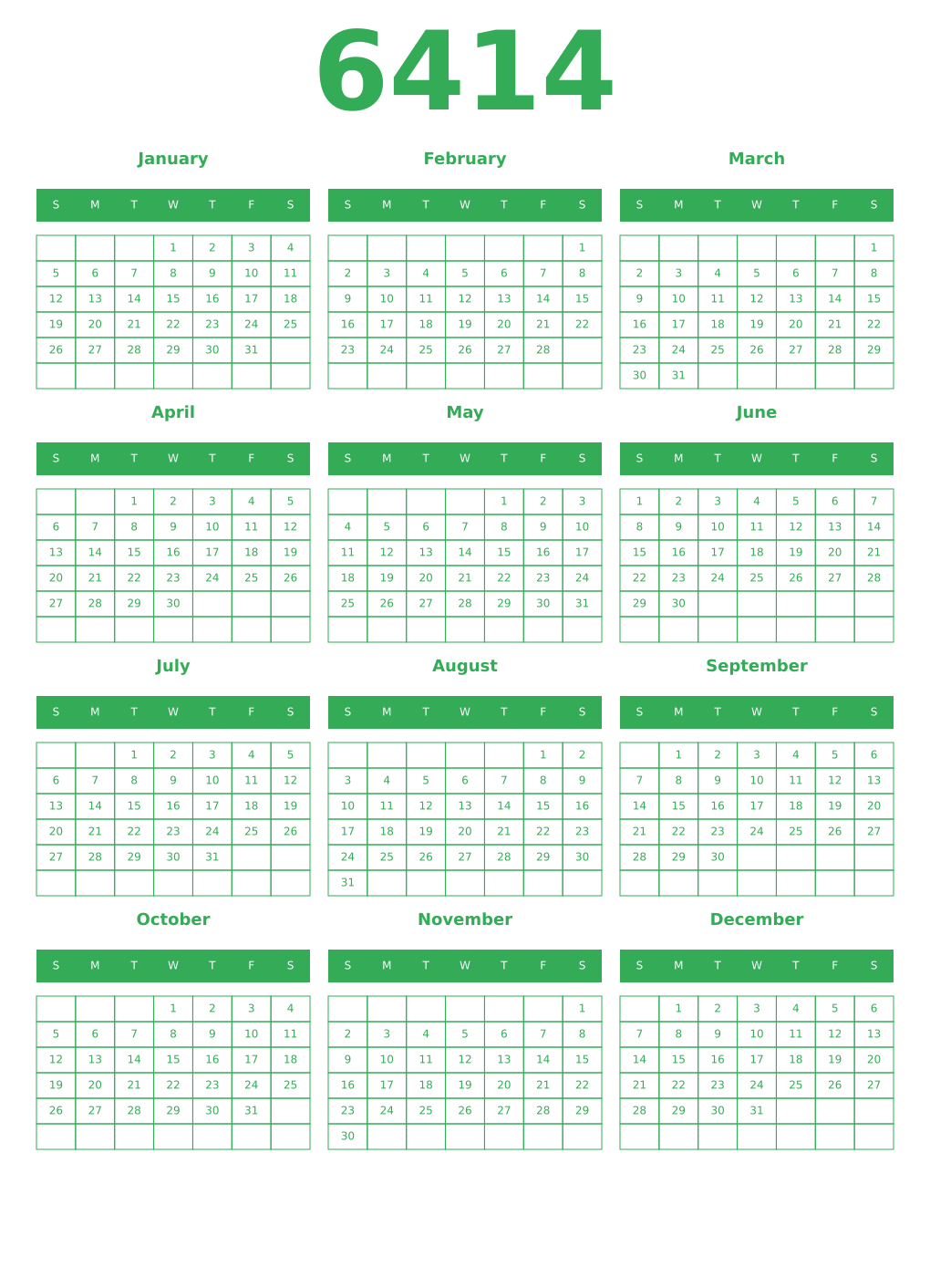 Printable 6414 Year Calendars green