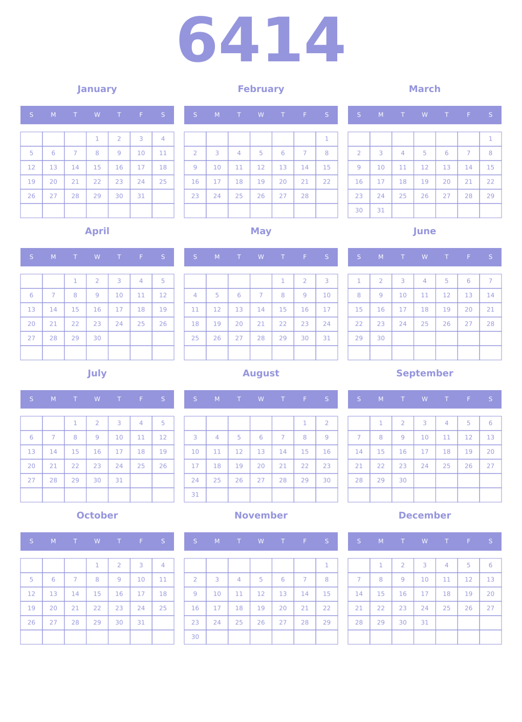 Printable 6414 Year Calendars periwinkle