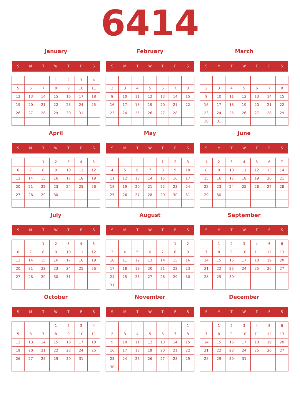 Printable 6414 Year Calendars red