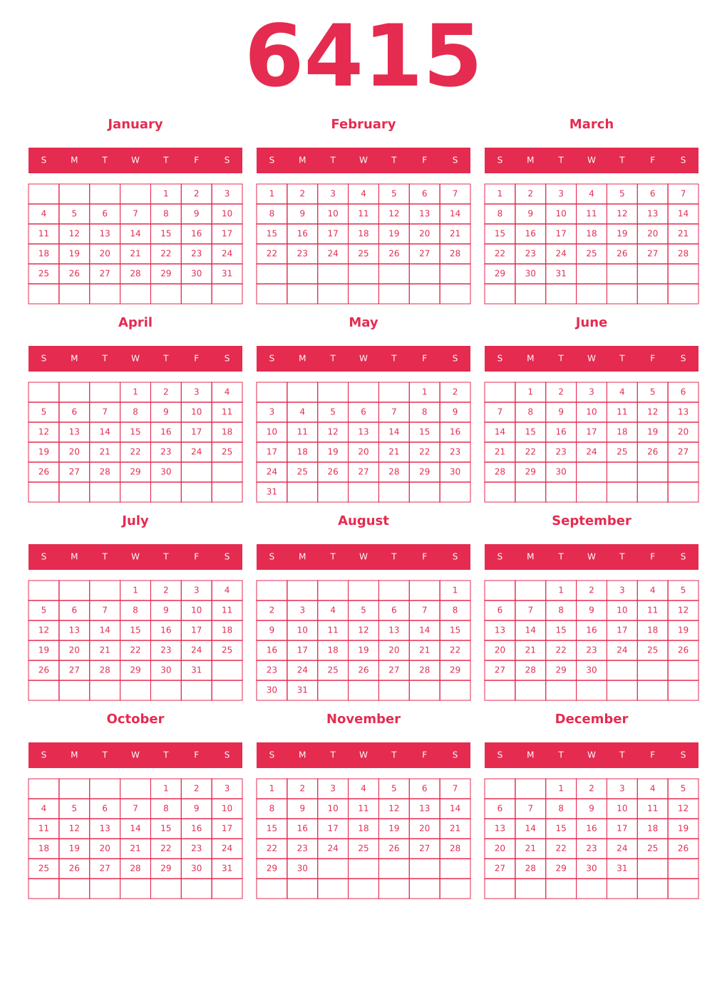 Printable 6415 Year Calendars amaranth