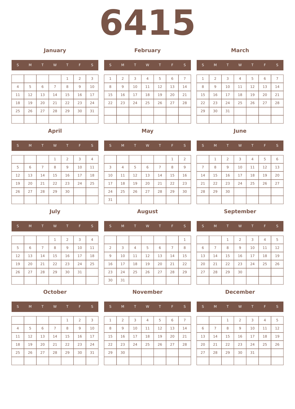 Printable 6415 Year Calendars coffe