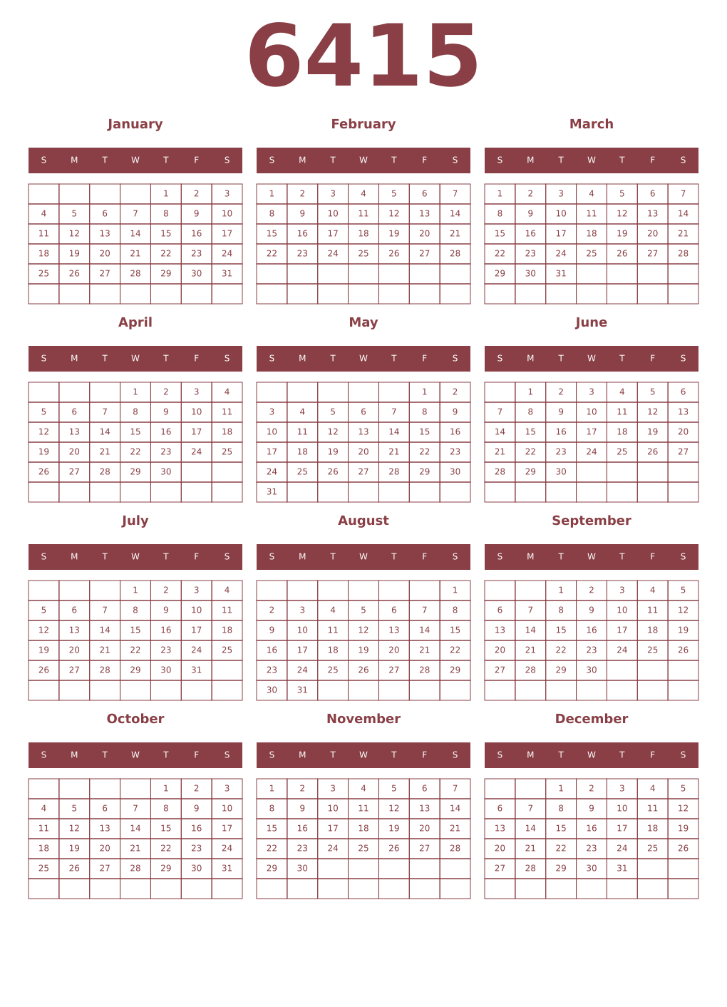 Printable 6415 Year Calendars cordovan
