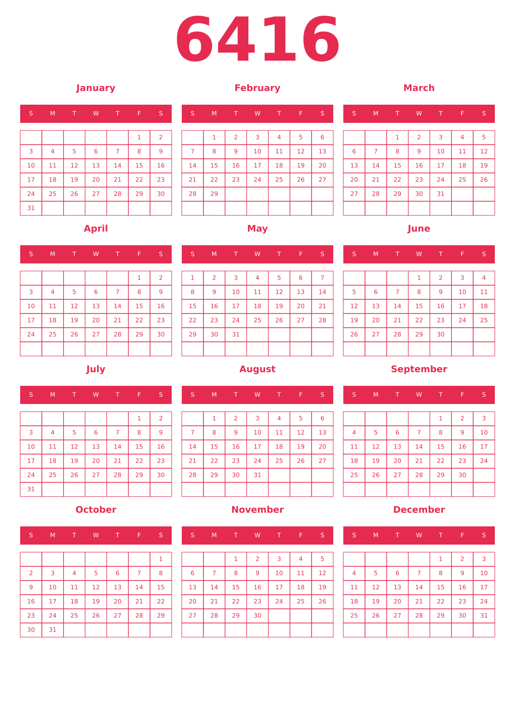 Printable 6416 Year Calendars amaranth