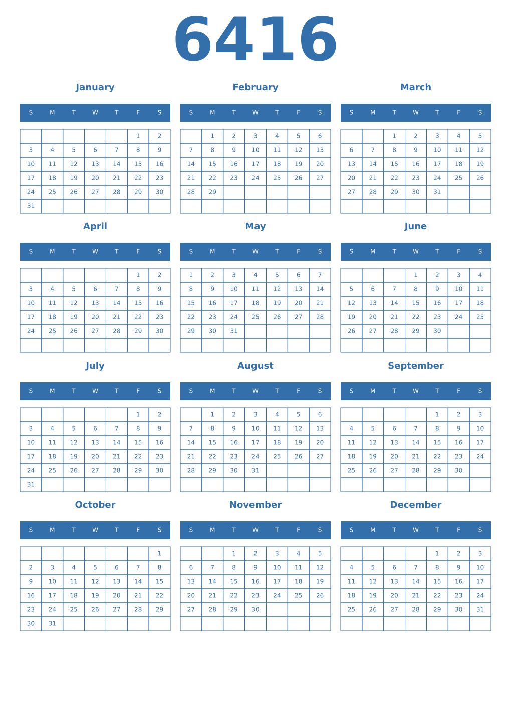 Printable 6416 Year Calendars blue