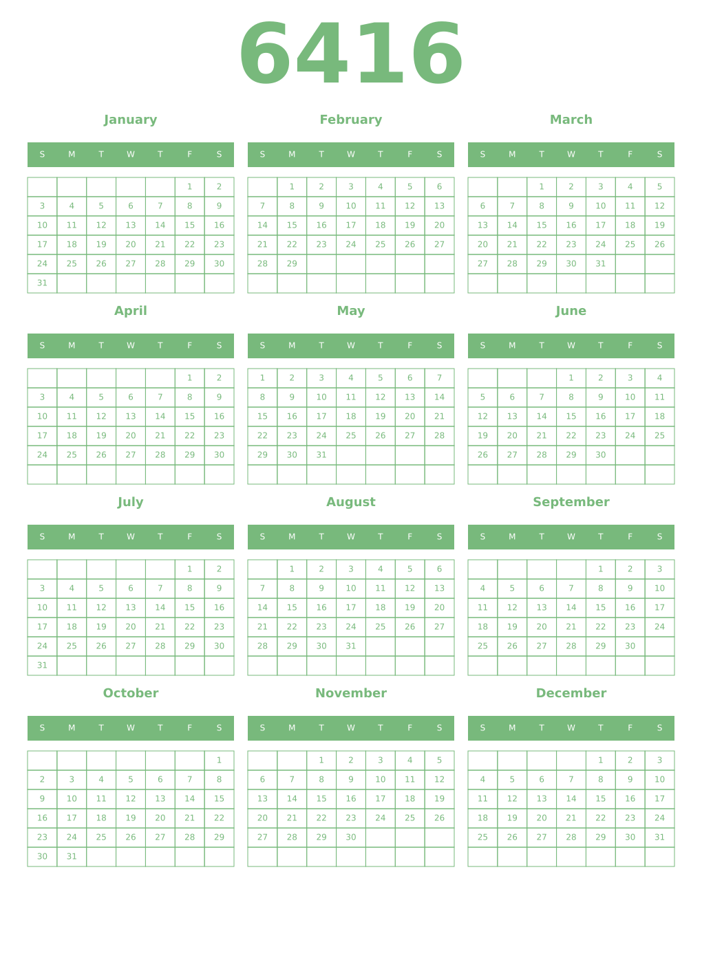 Printable 6416 Year Calendars celadon