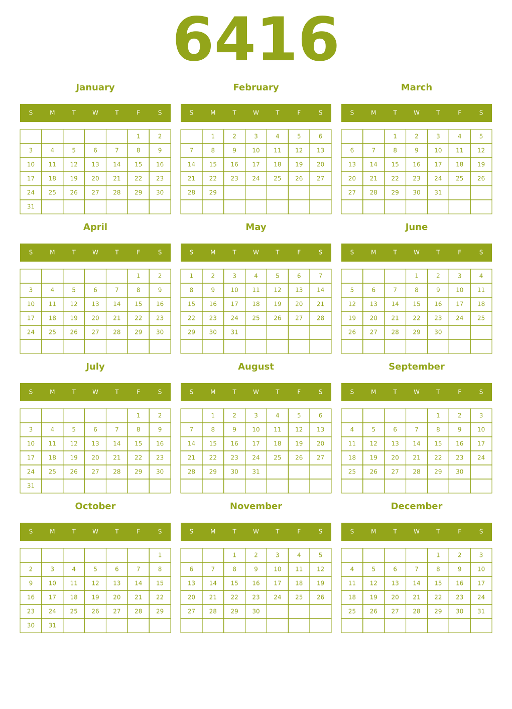 Printable 6416 Year Calendars chartreuse