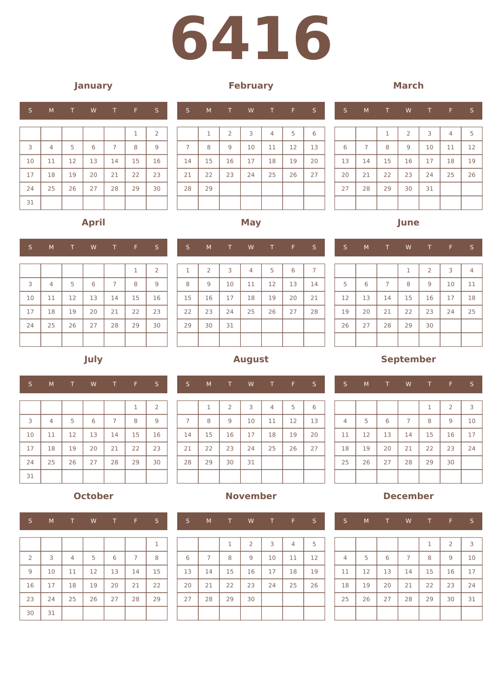 Printable 6416 Year Calendars coffe