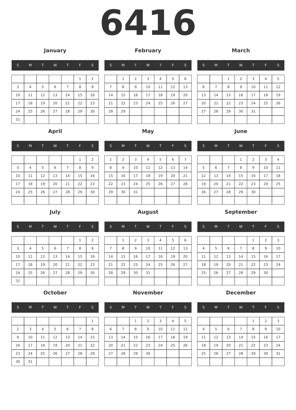 Printable 6416 Year Calendars dark
