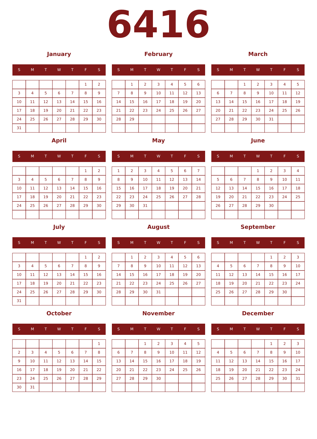 Printable 6416 Year Calendars falu
