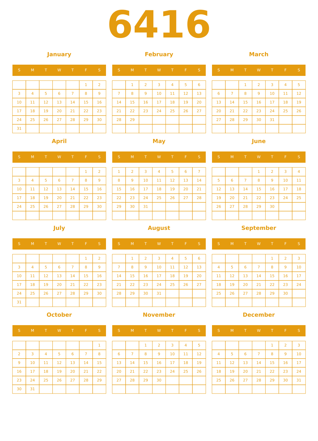 Printable 6416 Year Calendars gamboge