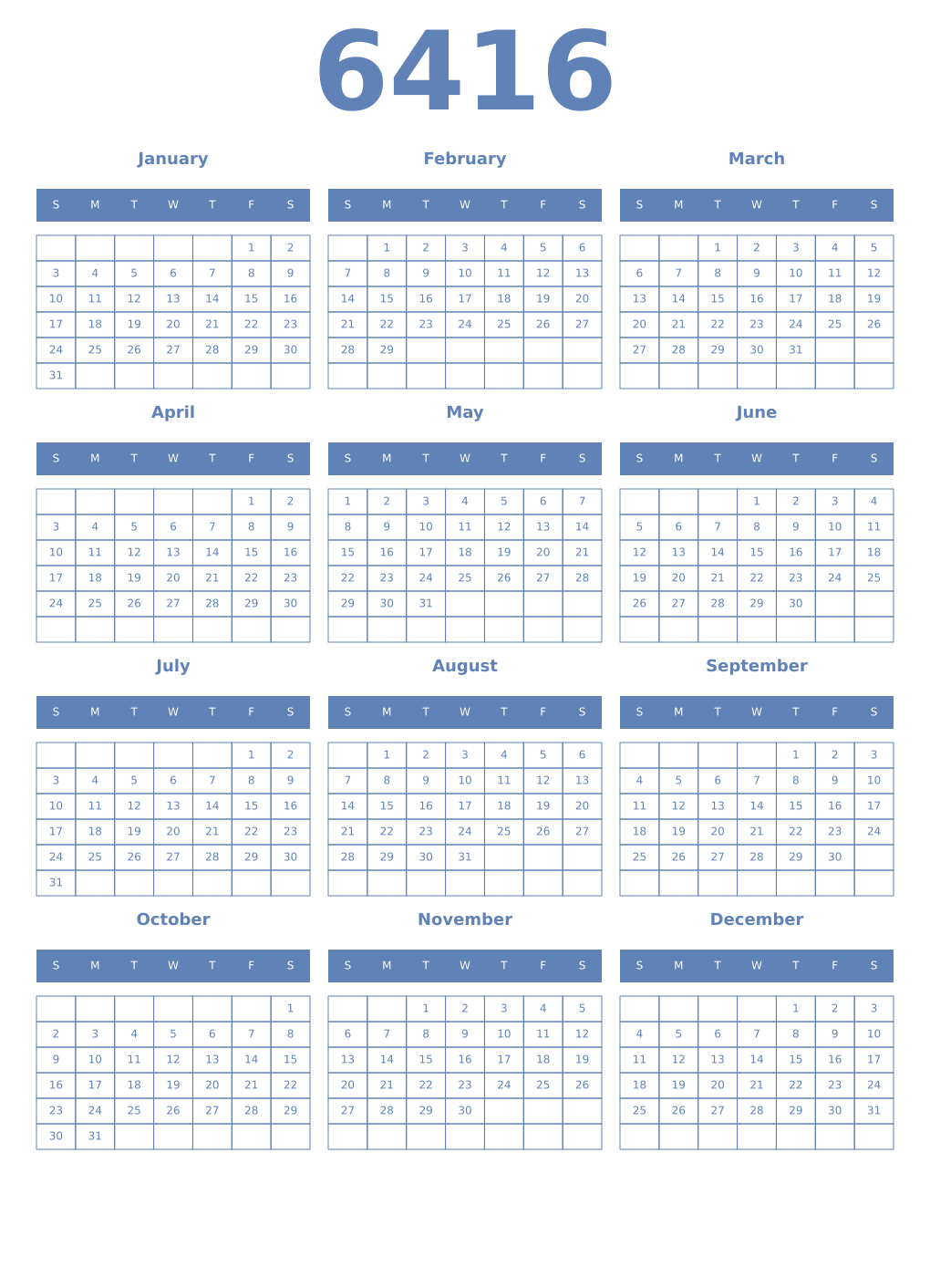 Printable 6416 Year Calendars glaucous