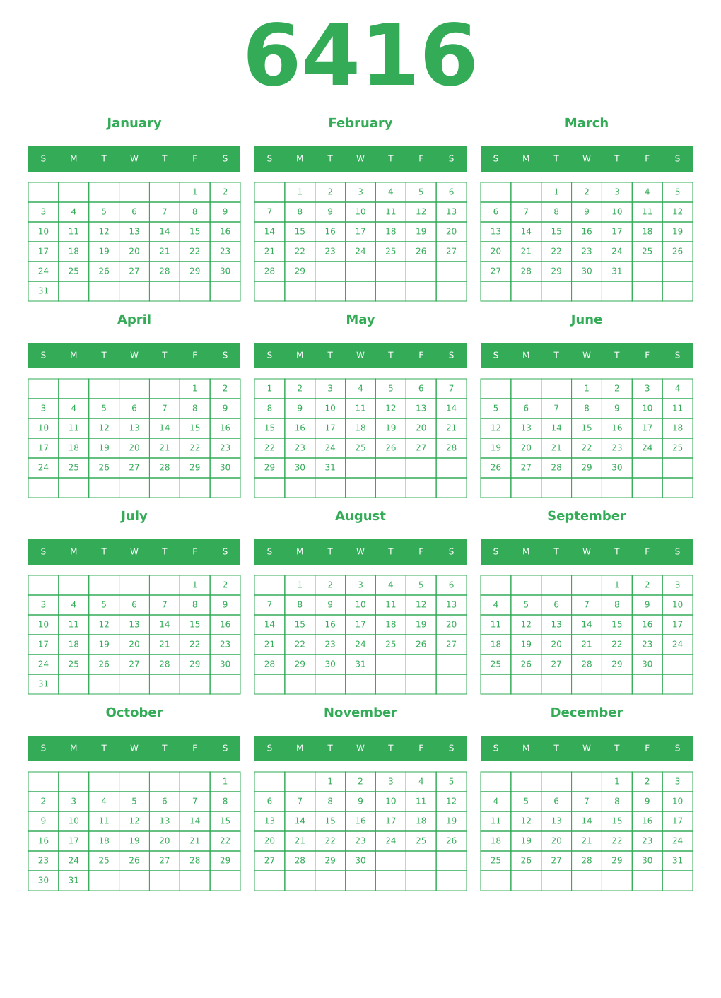 Printable 6416 Year Calendars green