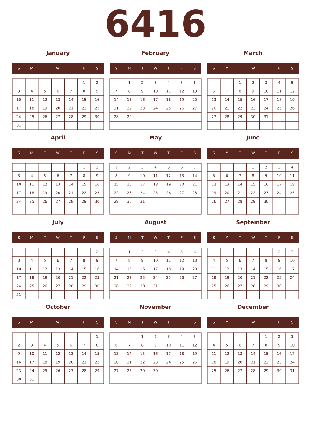 Printable 6416 Year Calendars mortuum
