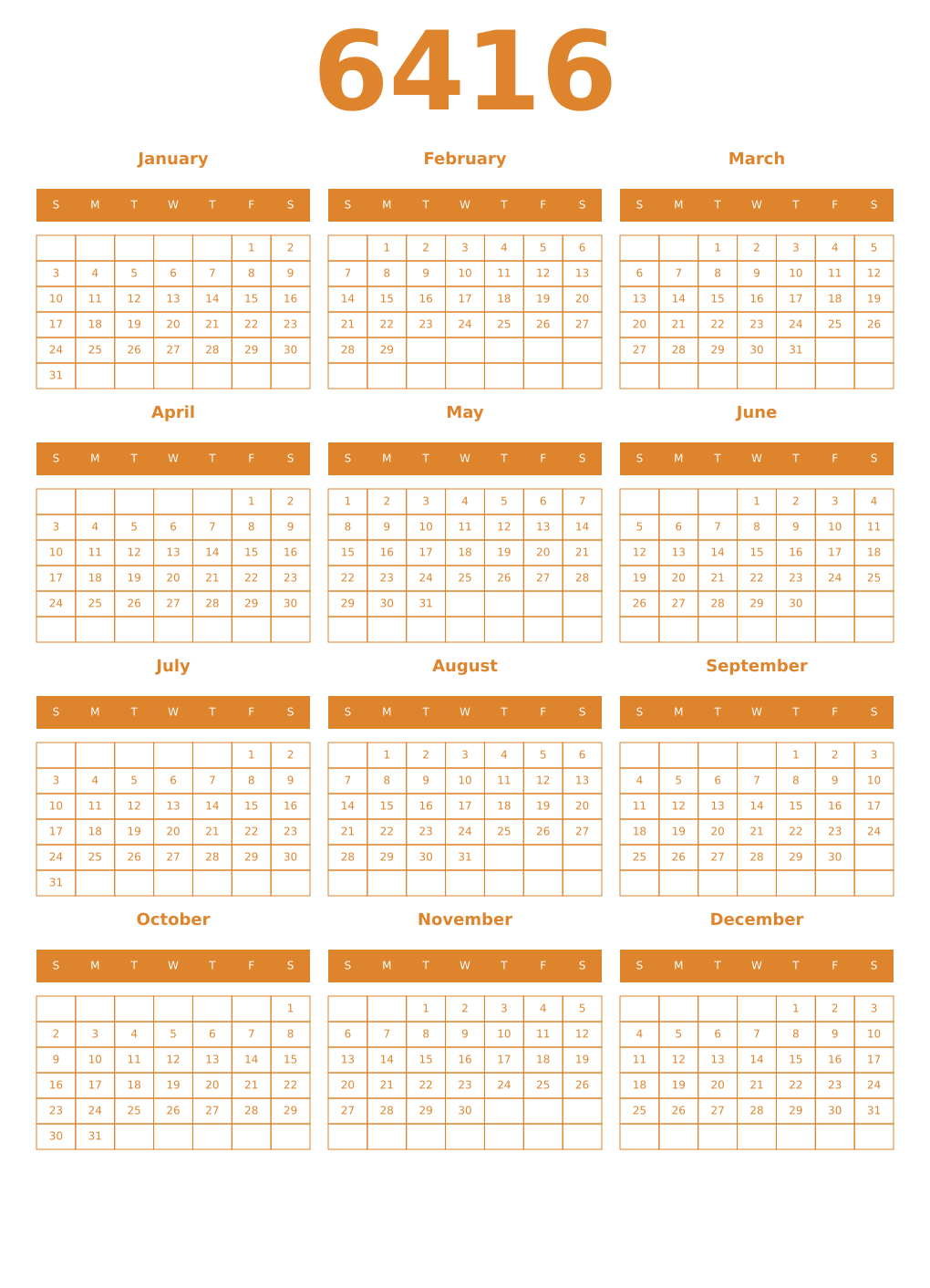 Printable 6416 Year Calendars orange
