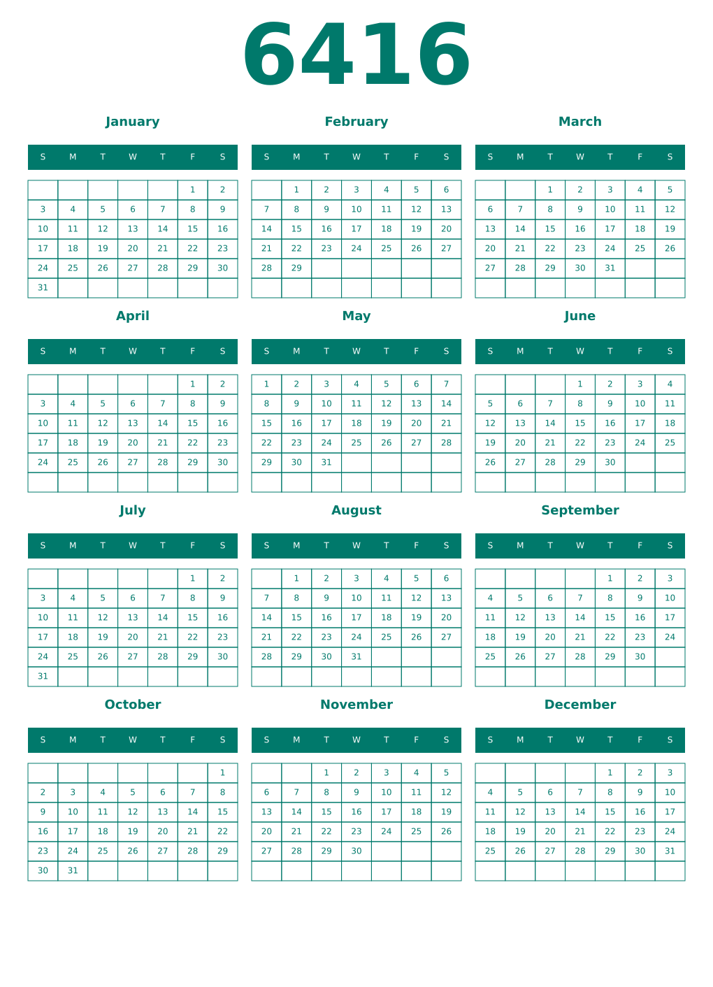 Printable 6416 Year Calendars pastel
