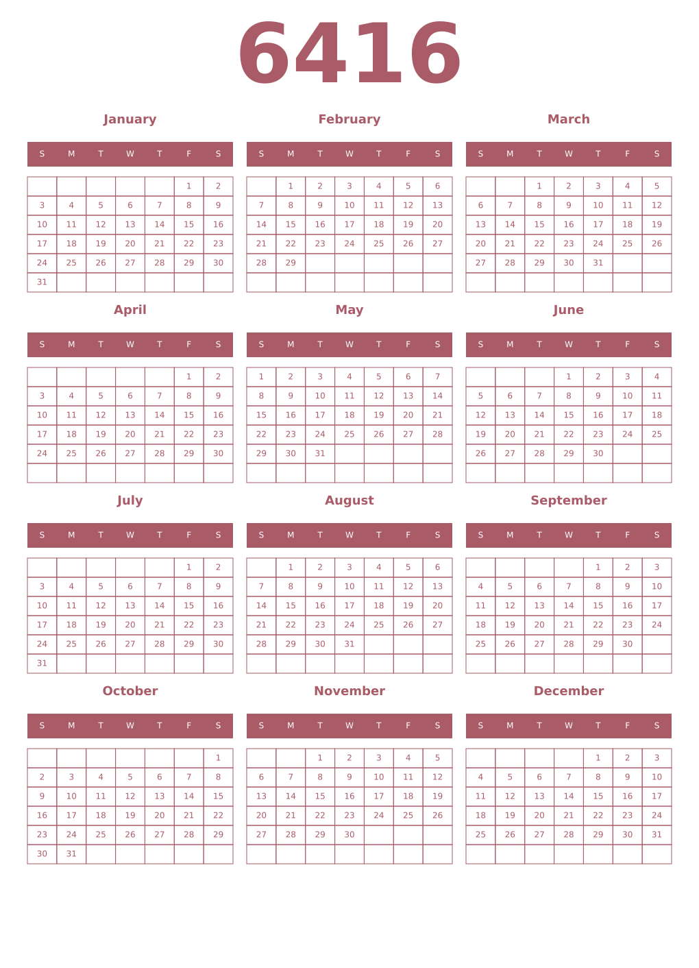 Printable 6416 Year Calendars puce