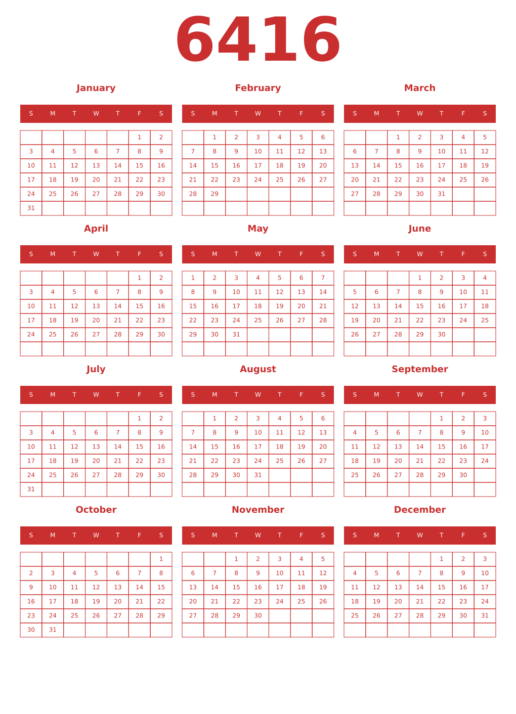 Printable 6416 Year Calendars red