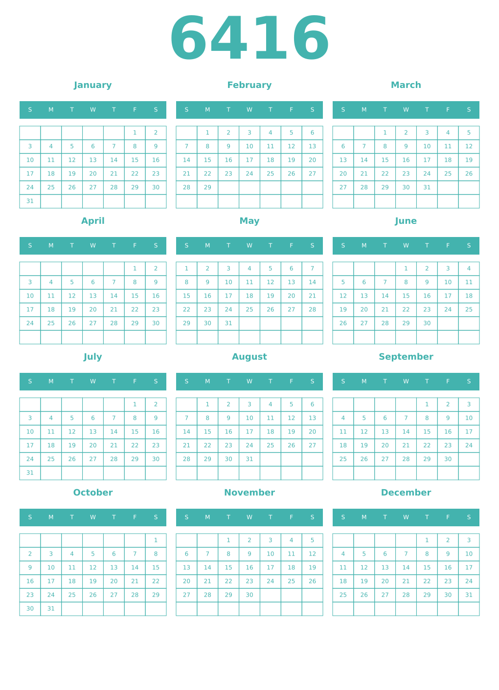 Printable 6416 Year Calendars verdigris