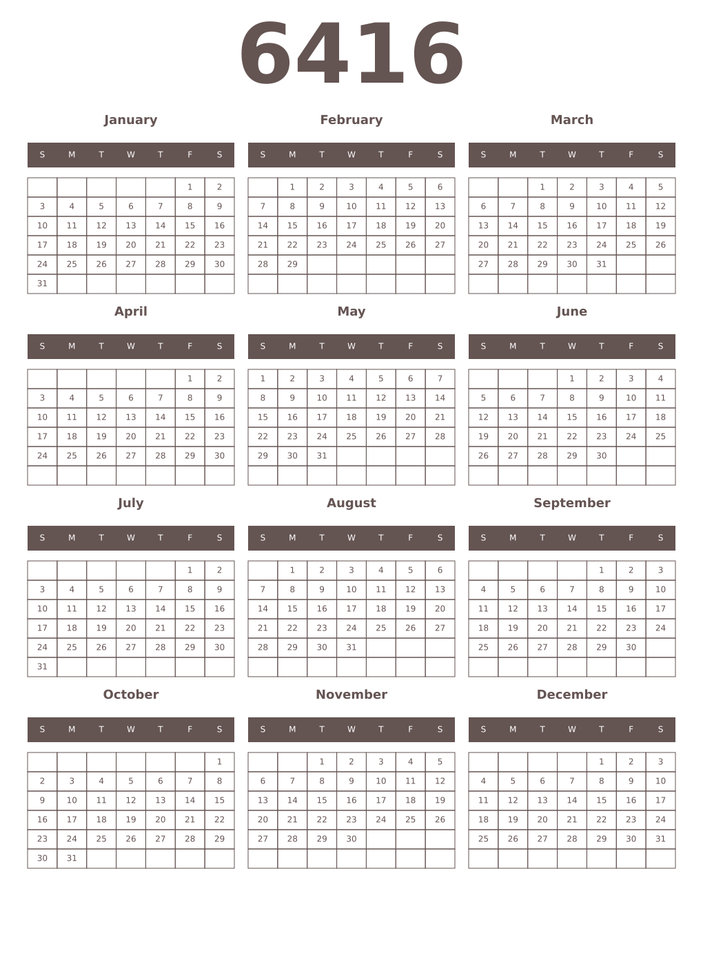 Printable 6416 Year Calendars wenge