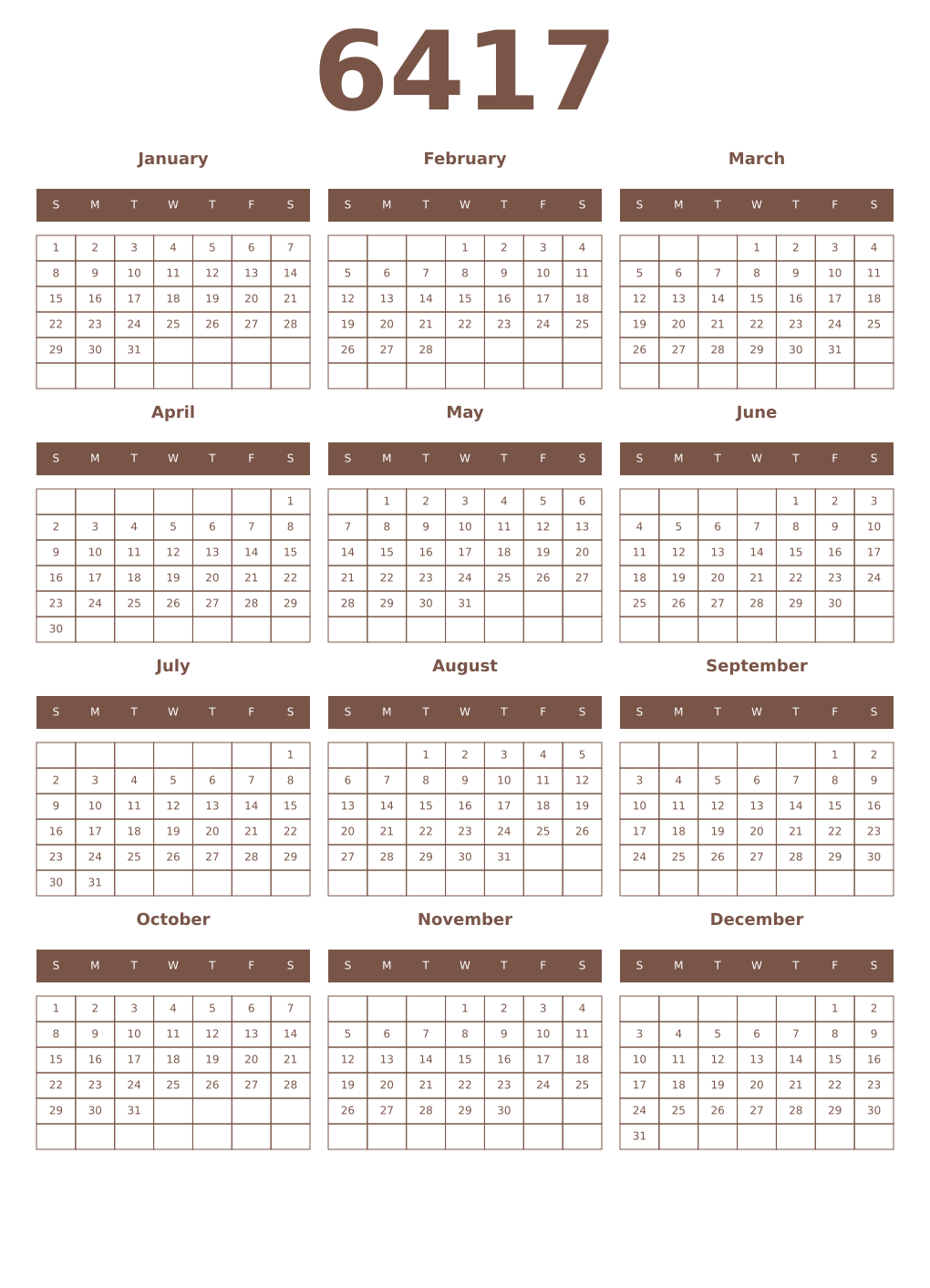 Printable 6417 Year Calendars coffe