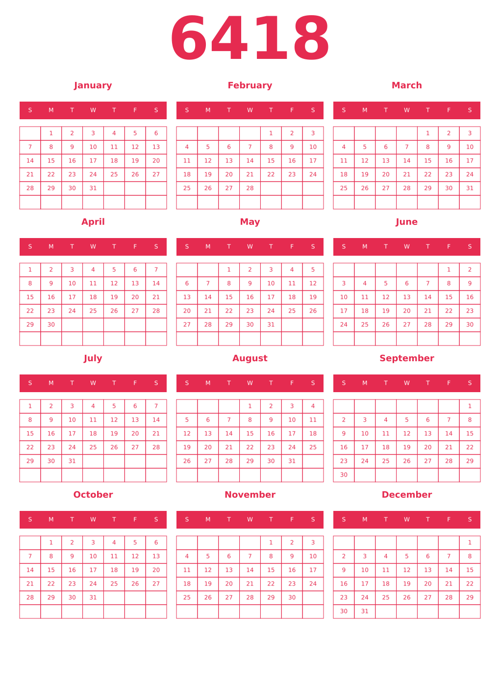 Printable 6418 Year Calendars amaranth