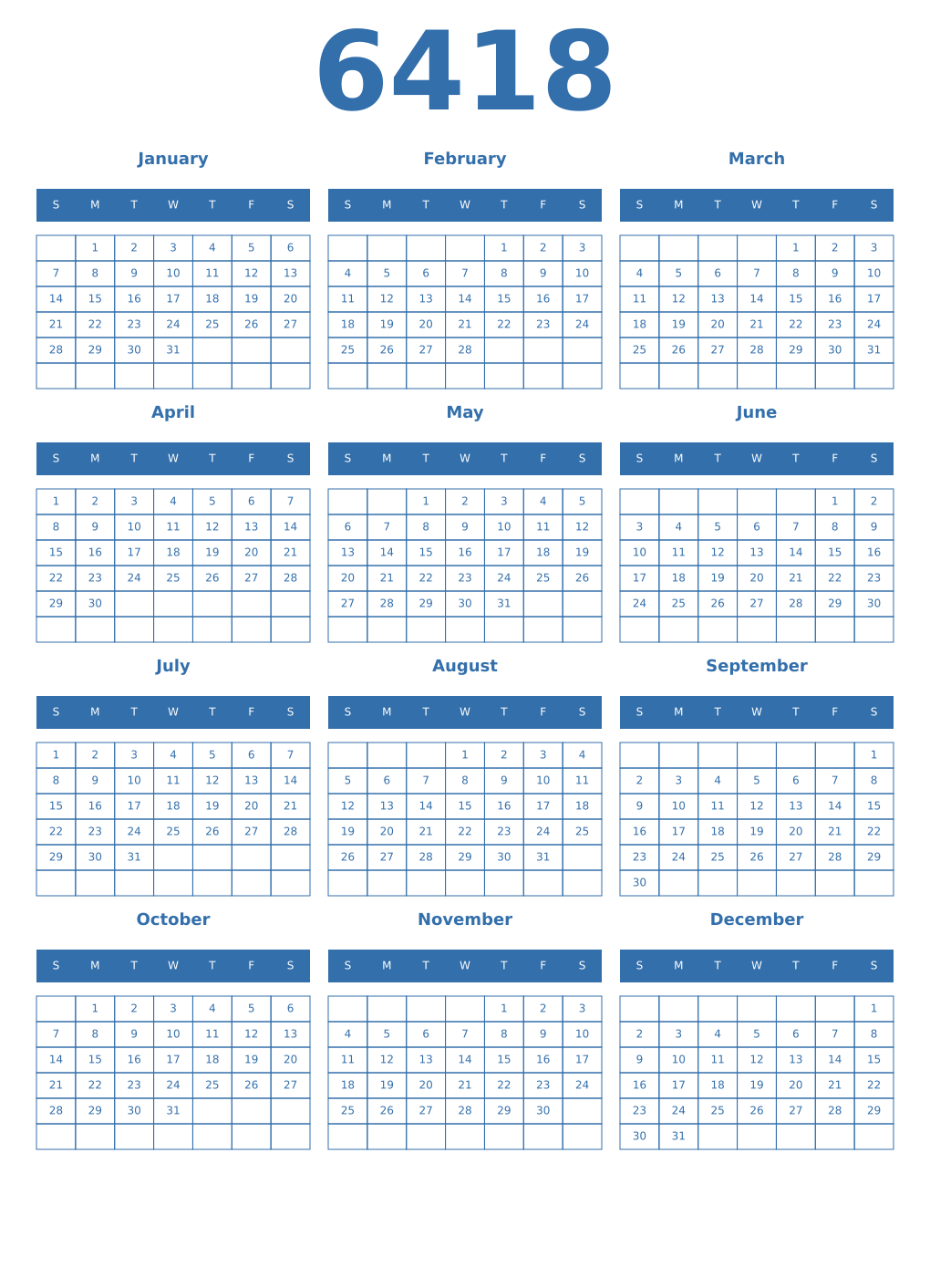 Printable 6418 Year Calendars blue