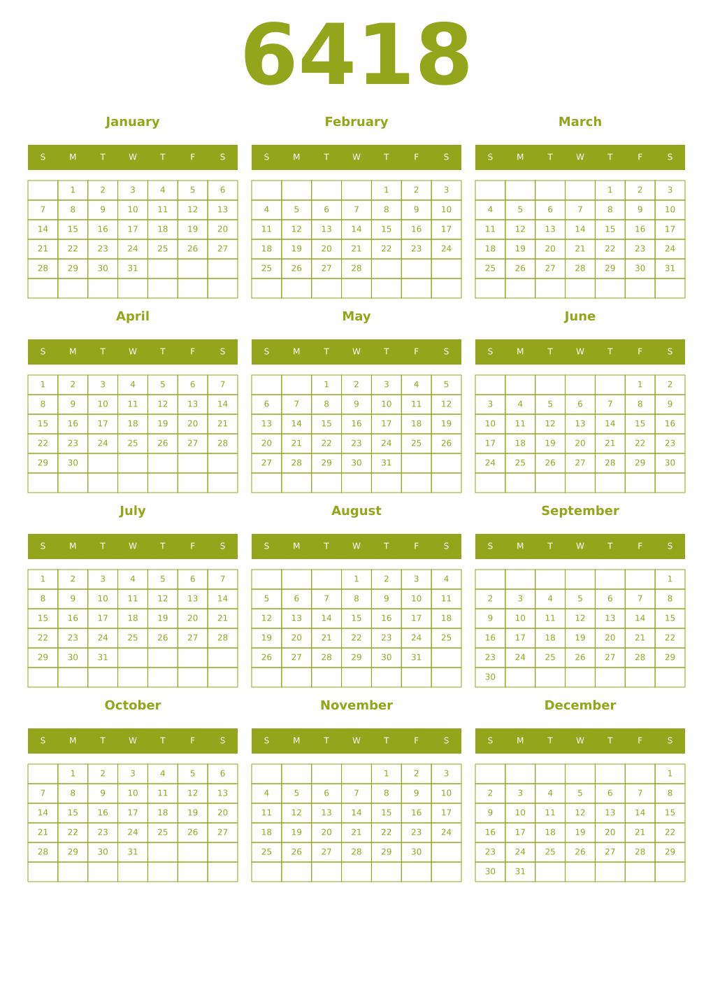 Printable 6418 Year Calendars chartreuse