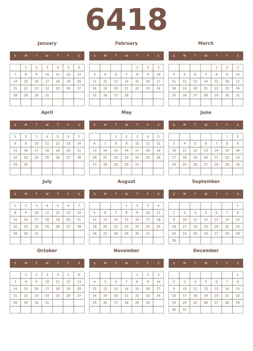 Printable 6418 Year Calendars coffe