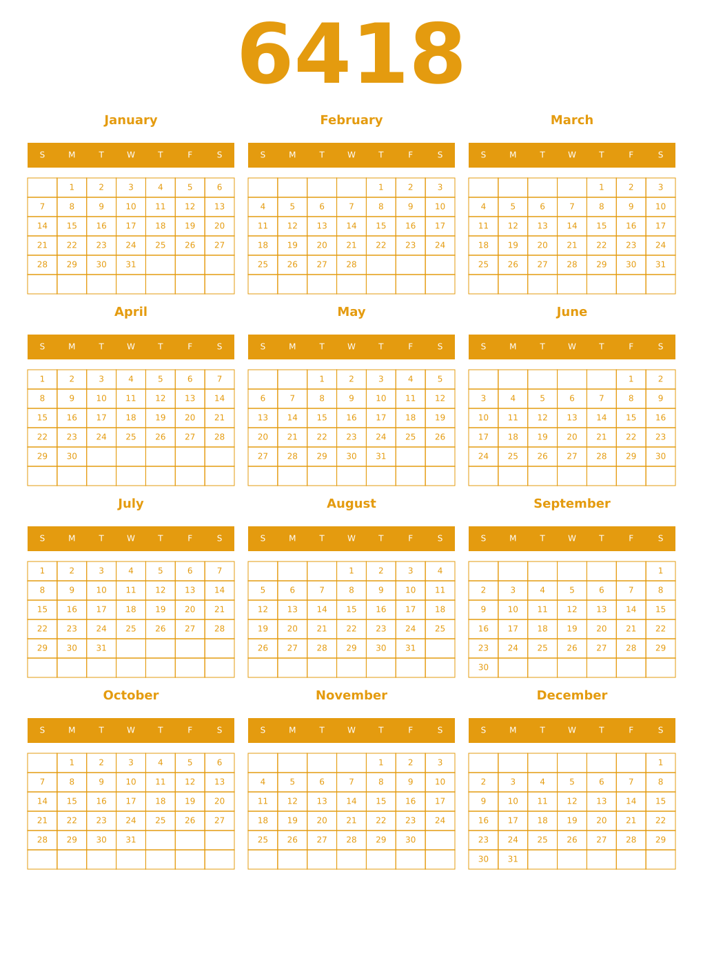 Printable 6418 Year Calendars gamboge