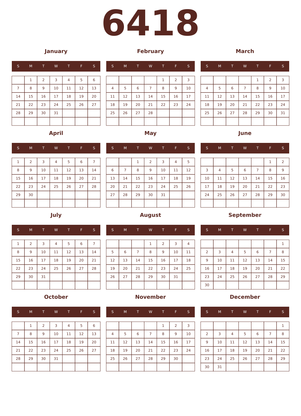 Printable 6418 Year Calendars mortuum