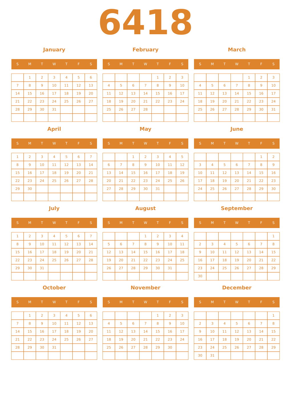 Printable 6418 Year Calendars orange