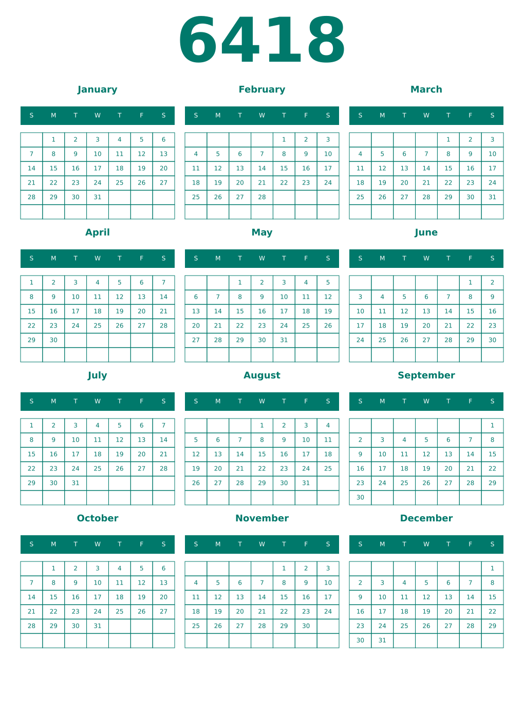 Printable 6418 Year Calendars pastel