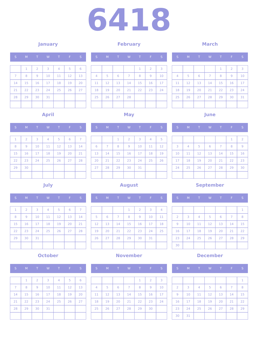 Printable 6418 Year Calendars periwinkle