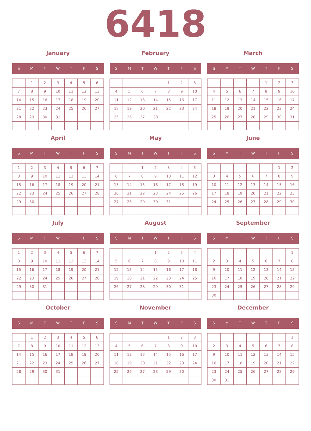 Printable 6418 Year Calendars puce