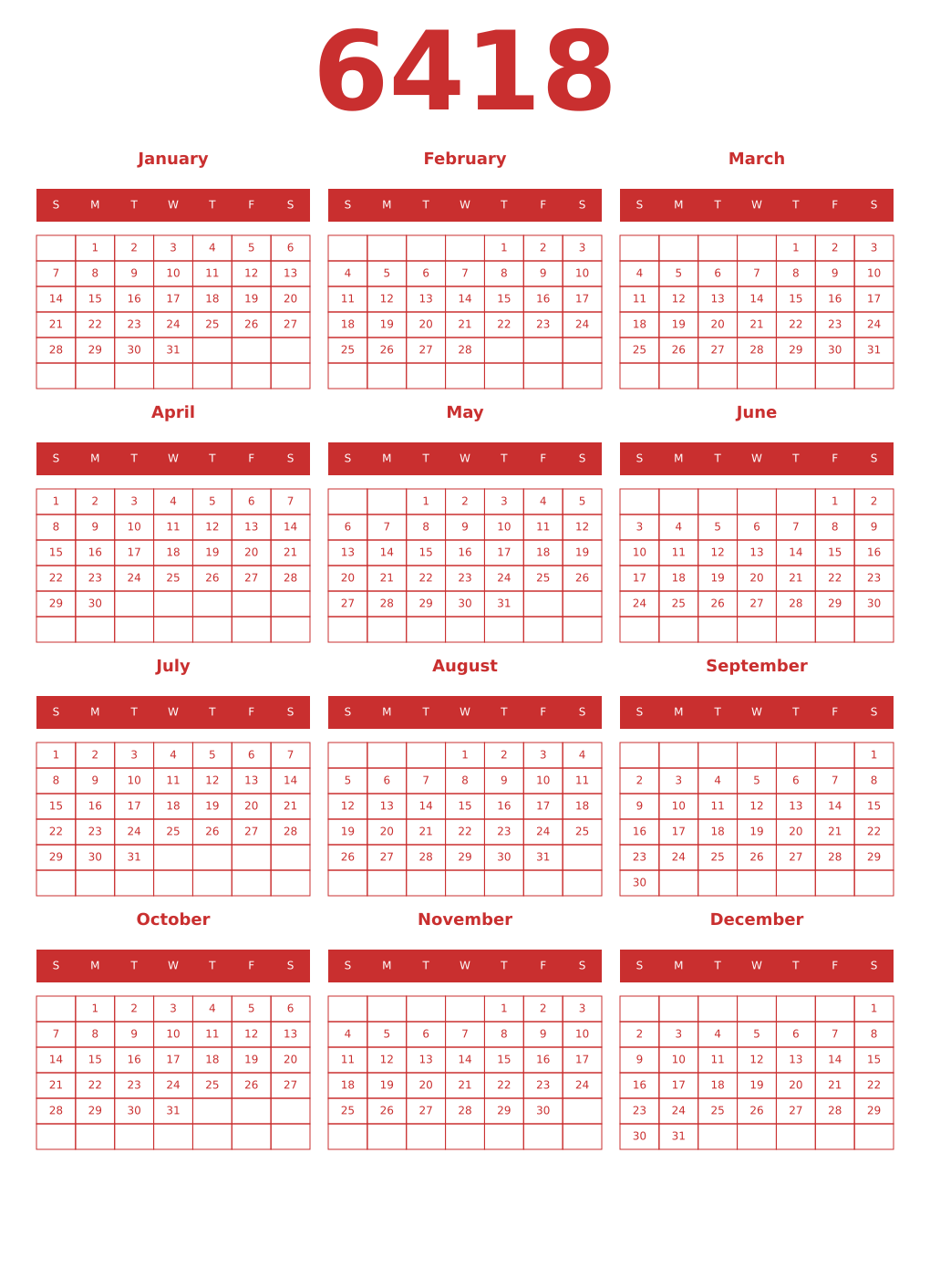 Printable 6418 Year Calendars red