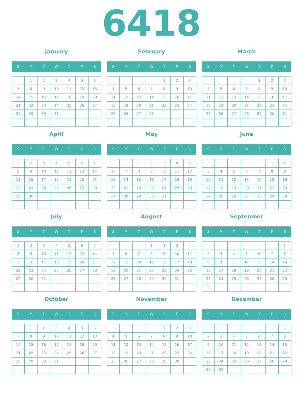 Printable 6418 Year Calendars verdigris